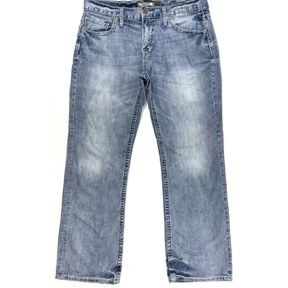 BKE Buckle Carter Straight Leg Jeans Mens 36x31 Distressed Light Wash Denim